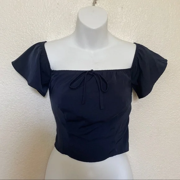 Revolve Superdown Navy Blue off the shoulder fitted crop top shirt Womens - Picture 3 of 6
